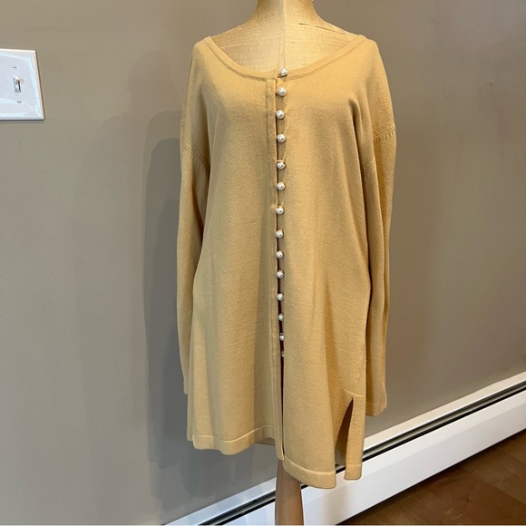 VTG Knit Sweater Set Pencil Long Skirt Tunic Button Up Scoop Neck Sz M Wheat Tan - Picture 2 of 12